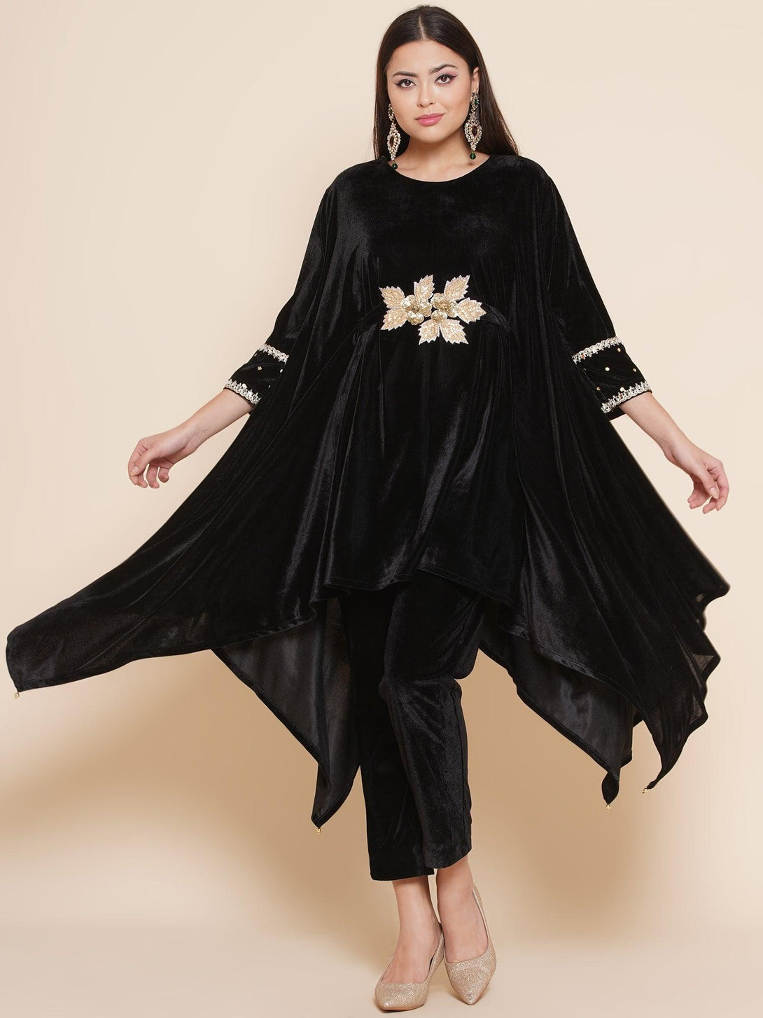 Women's Black Velvet Kaftaan Style Kurta With Pants - Women Republic - Indiakreations