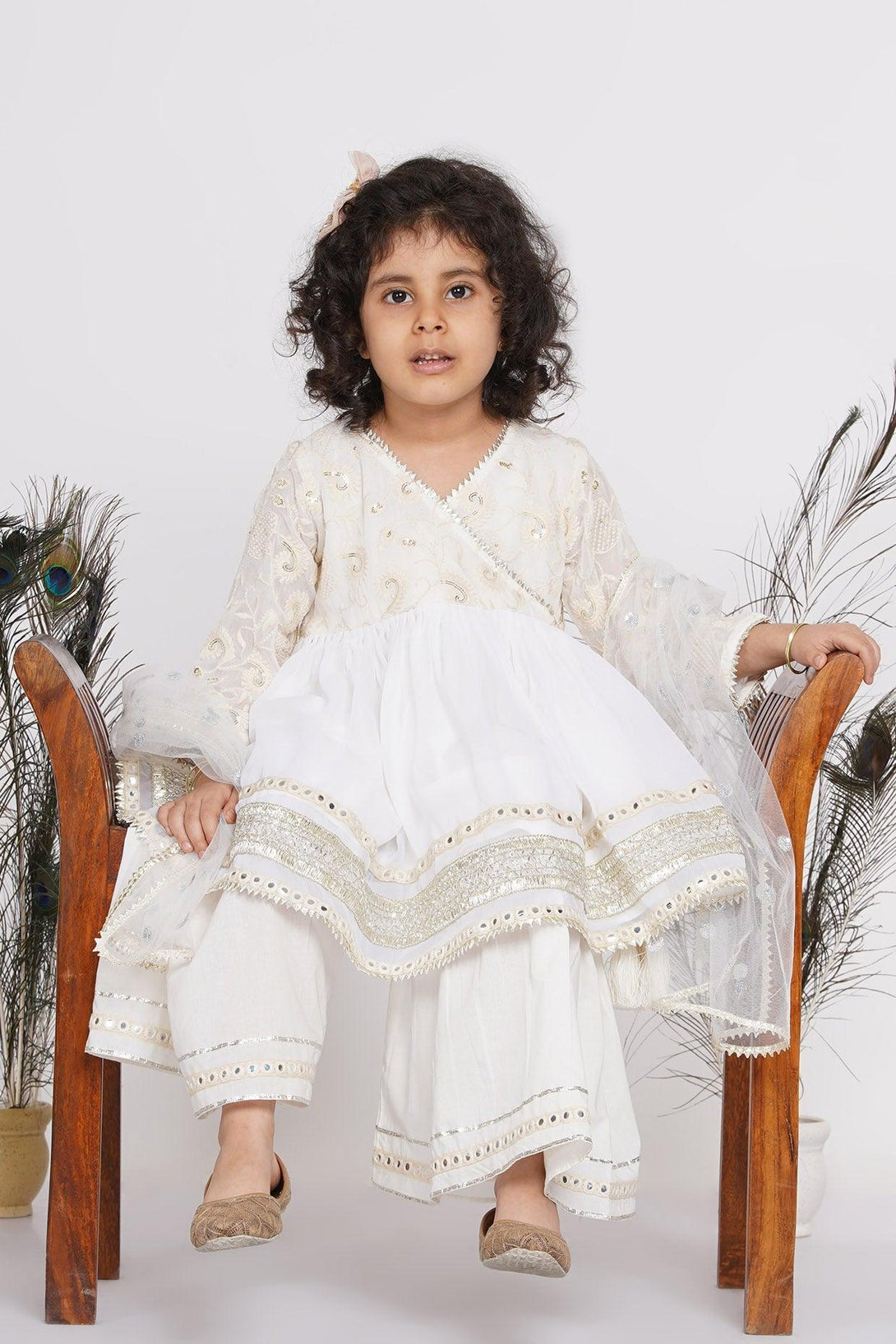 Girl's Cotton Floral Embroidery And Lacework Angrakha Kurta With Sharara And Dupatta - White - Little Bansi Girls - Indiakreations