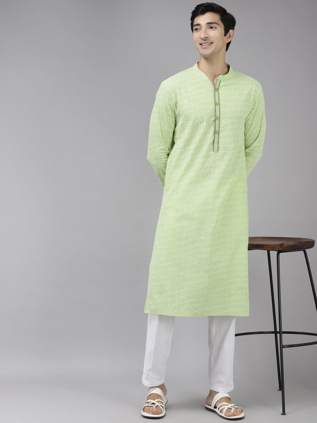 Men's Lime Green & White Printed Pure Cotton Straight Kurta - See Designs