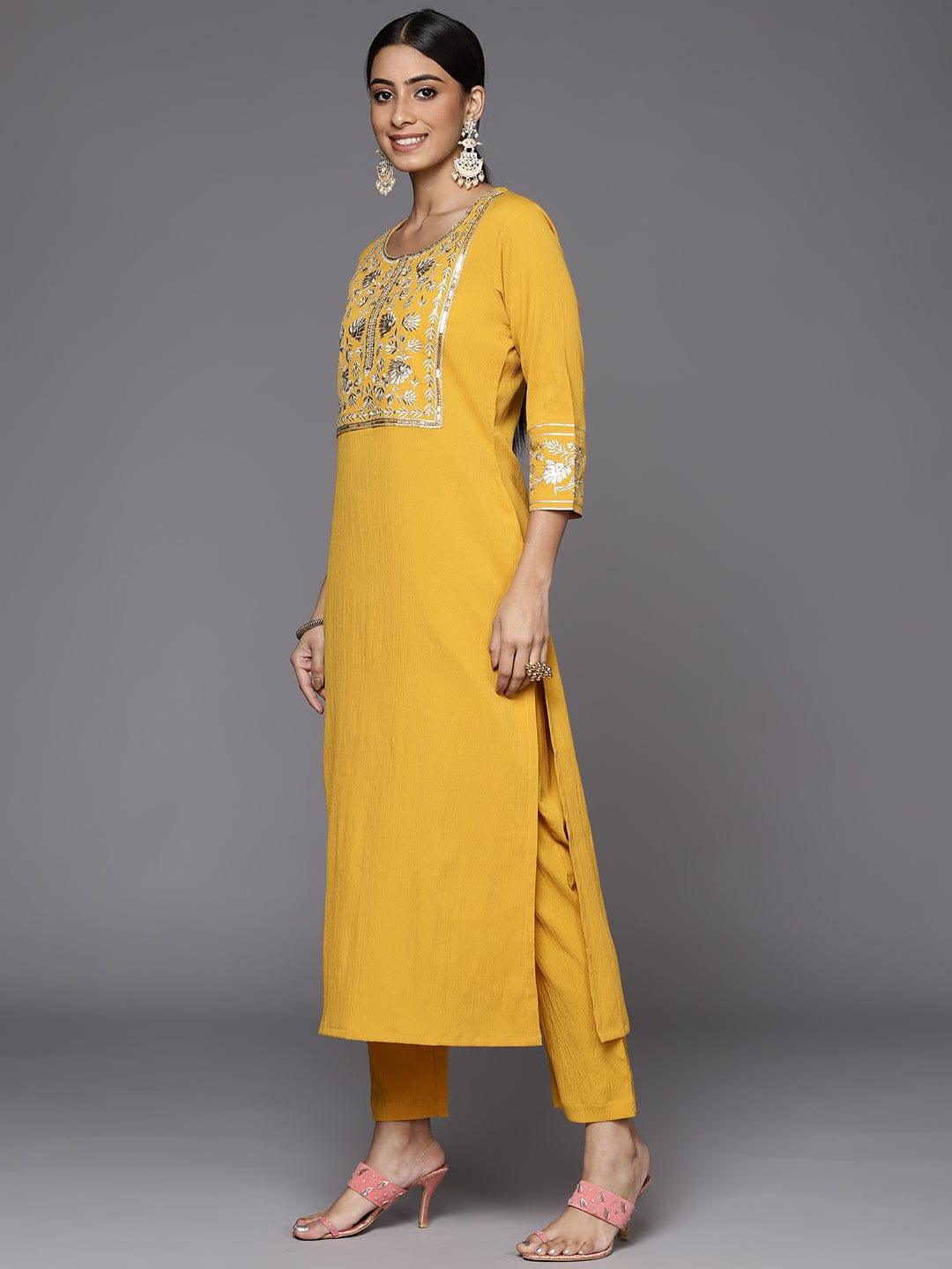 Varanga Women Mustard Yellow Floral Embroidered Zardozi Kurta with Trousers & With Dupatta - Indiakreations