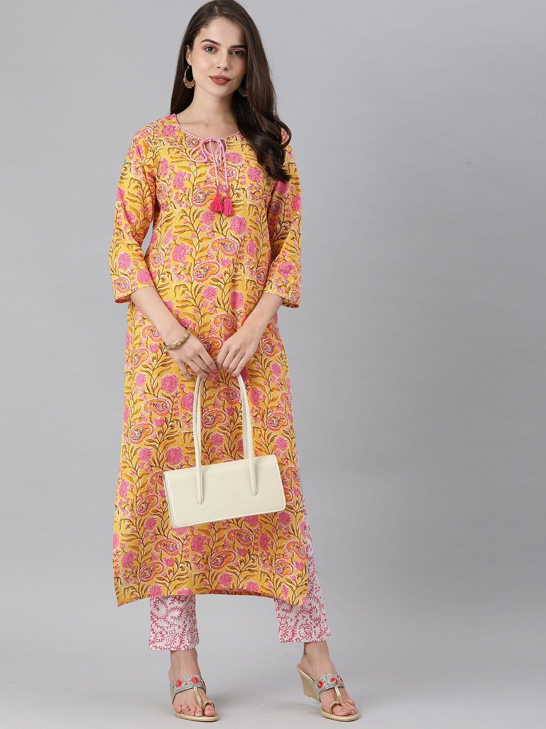 KSUT Mustard And Pink Kalamkari Printed Kurta With Printed Pants - Indiakreations