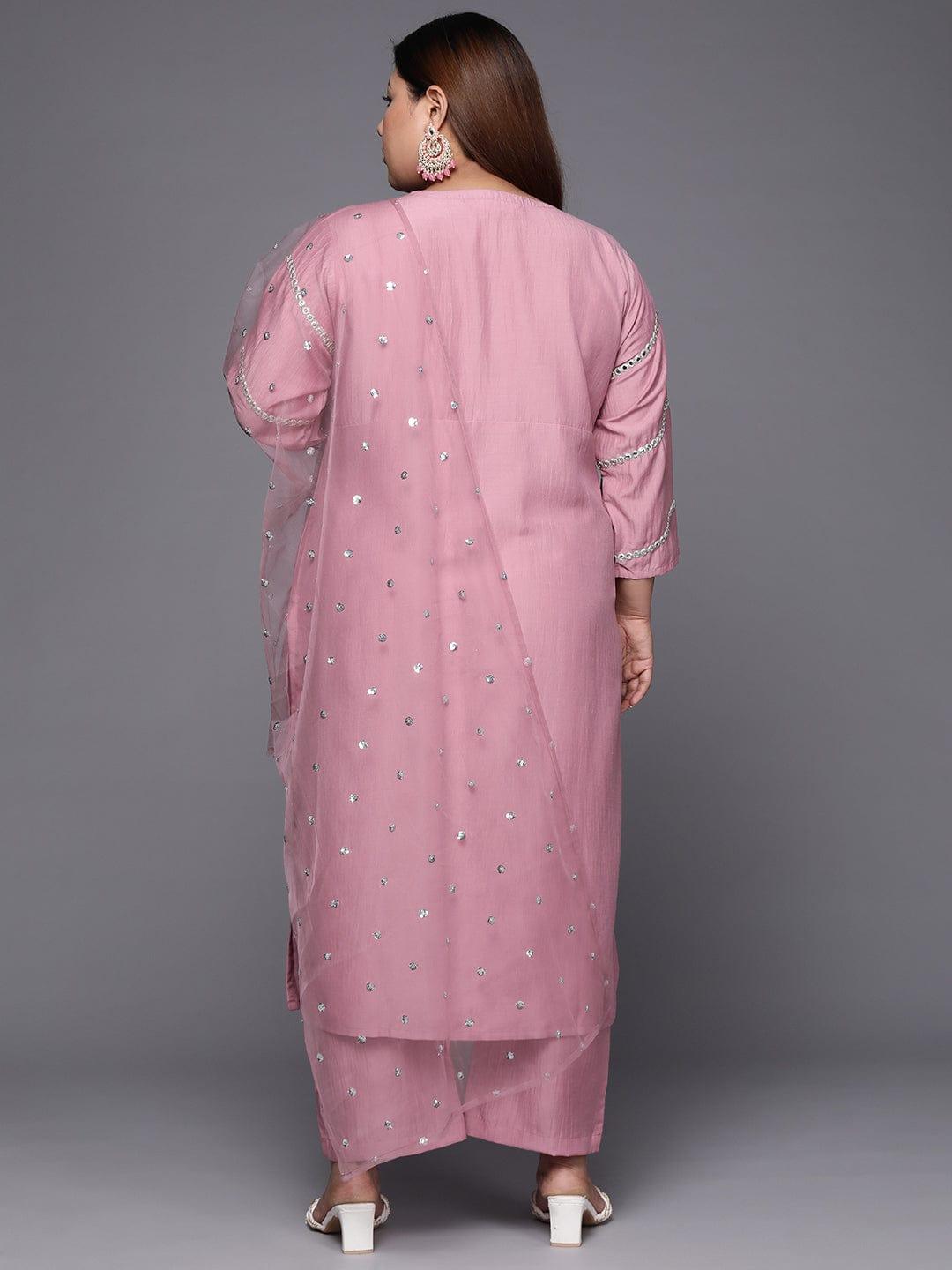 Varanga Women Plus Size Pink Ethnic Motifs Embroidered Mirror Work Kurta with Trousers & Dupatta - Indiakreations