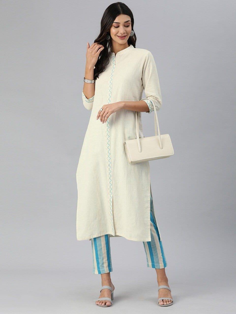 KSUT Women Off-White & Blue Embroidered Detail Kurta with Striped Trousers - Indiakreations