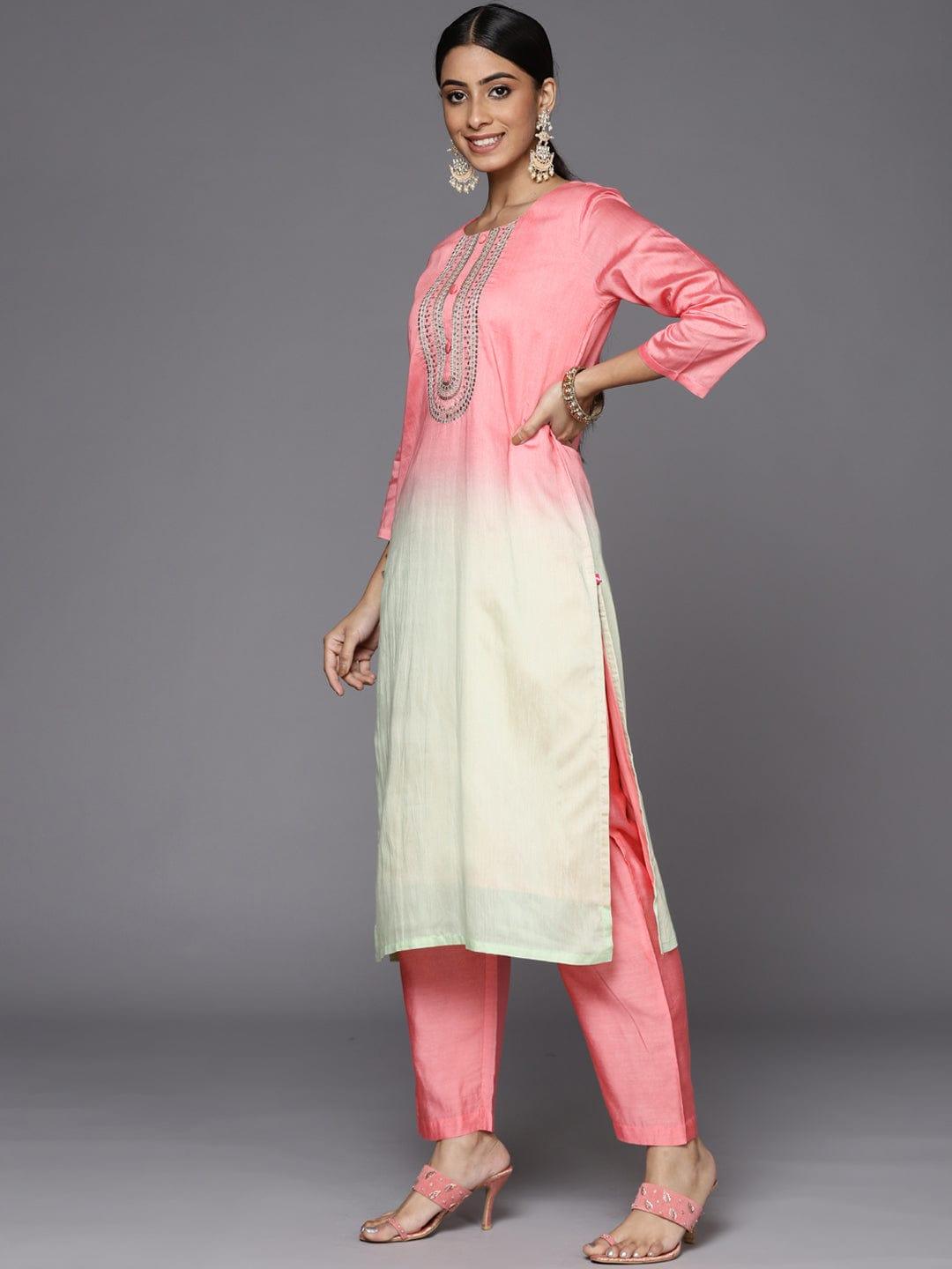 Varanga Women Pink Ombre Printed Sequinned Kurta with Trousers & With Dupatta - Indiakreations