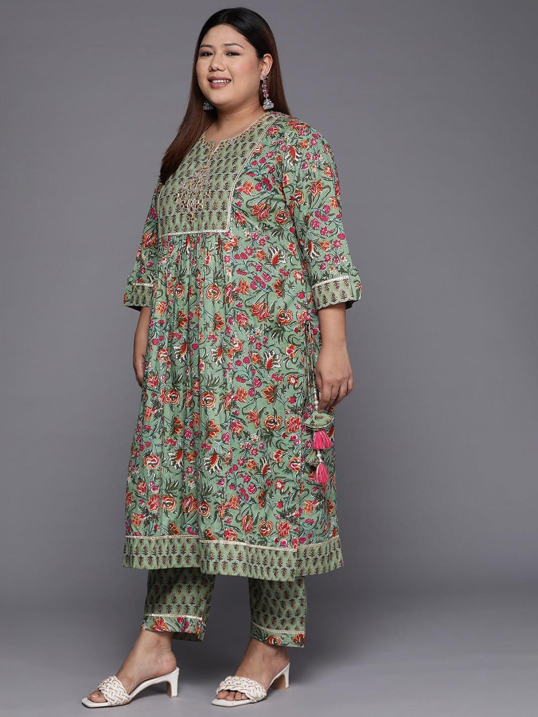 Varanga Women Plus Size Green Floral Printed Gotta Patti Pure Cotton Kurta with Trousers & Dupatta - Indiakreations