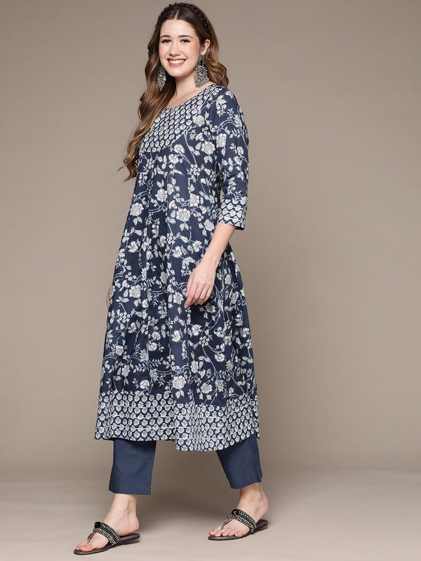 Women's Blue Sequinned Ethnic Print A-Line Kurta set with Trouser and Dupatta - Anubhutee