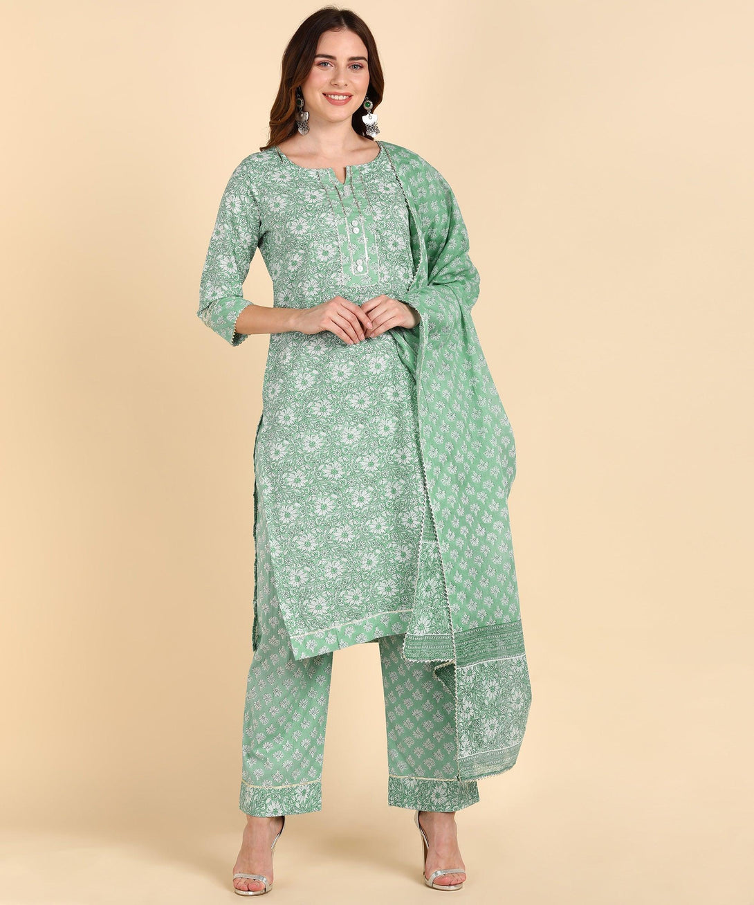 Women's Cotton Sea Green Printed Kurta Pant With Dupatta - Noz2Toz - Indiakreations