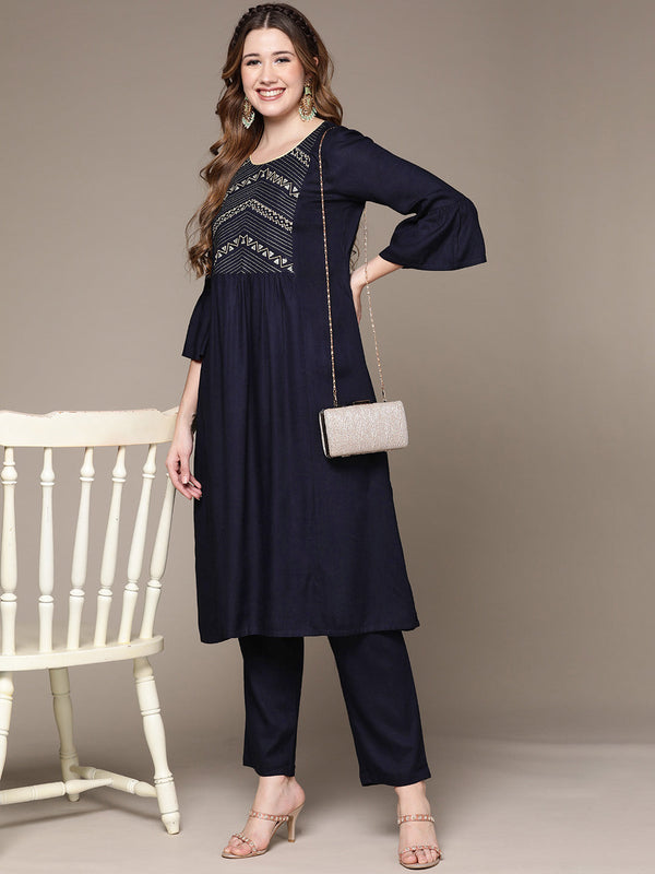 Women's Navy Blue Zari Embroidered Flared Kurta set with Trousers - Anubhutee