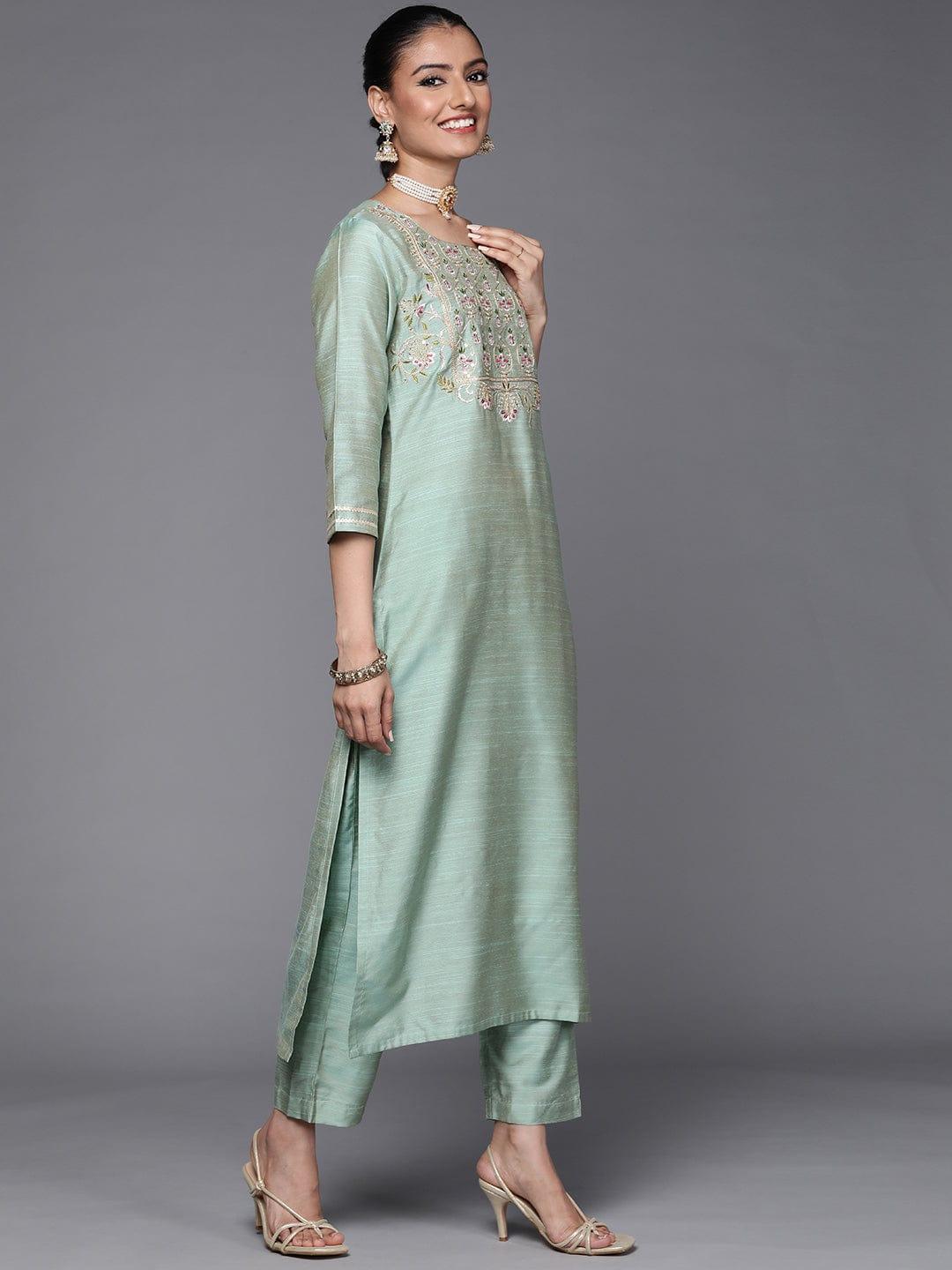 Varanga Women Sea Green & Pink Ethnic Embroidered Sequinned Kurta with Trousers & Dupatta - Indiakreations