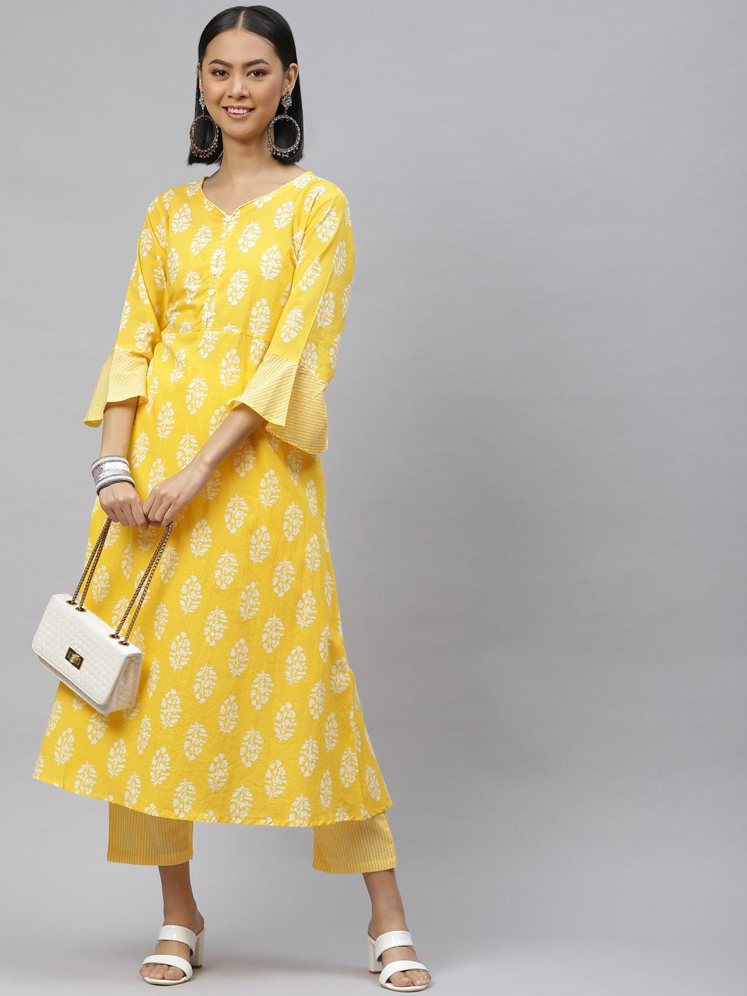 Women's Cotton Yellow Printed Kurta With Pant Set - Noz2Toz - Indiakreations