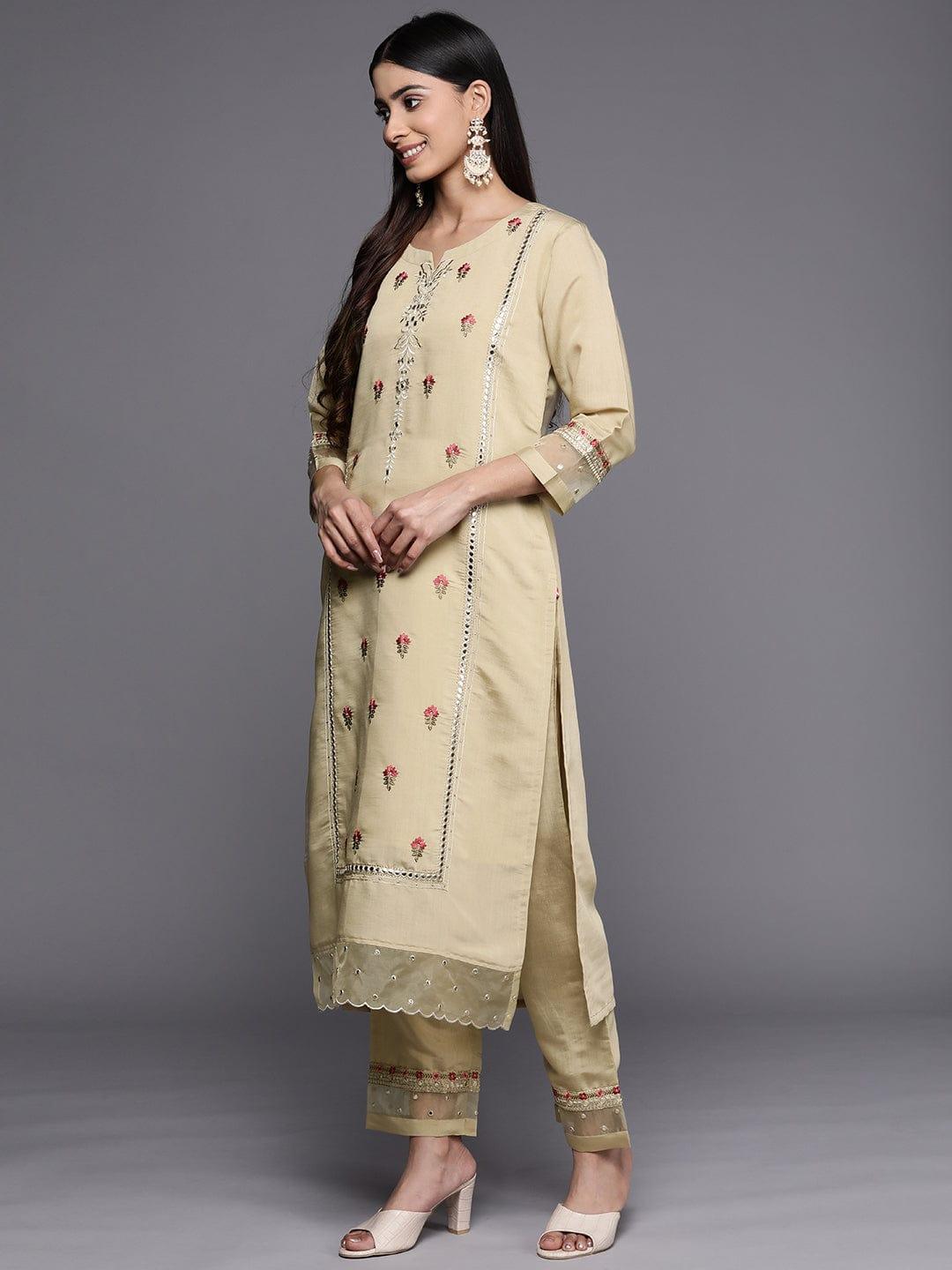 Varanga Floral Embroidered Mirror Work Kurta with Trousers & Dupatta - Indiakreations