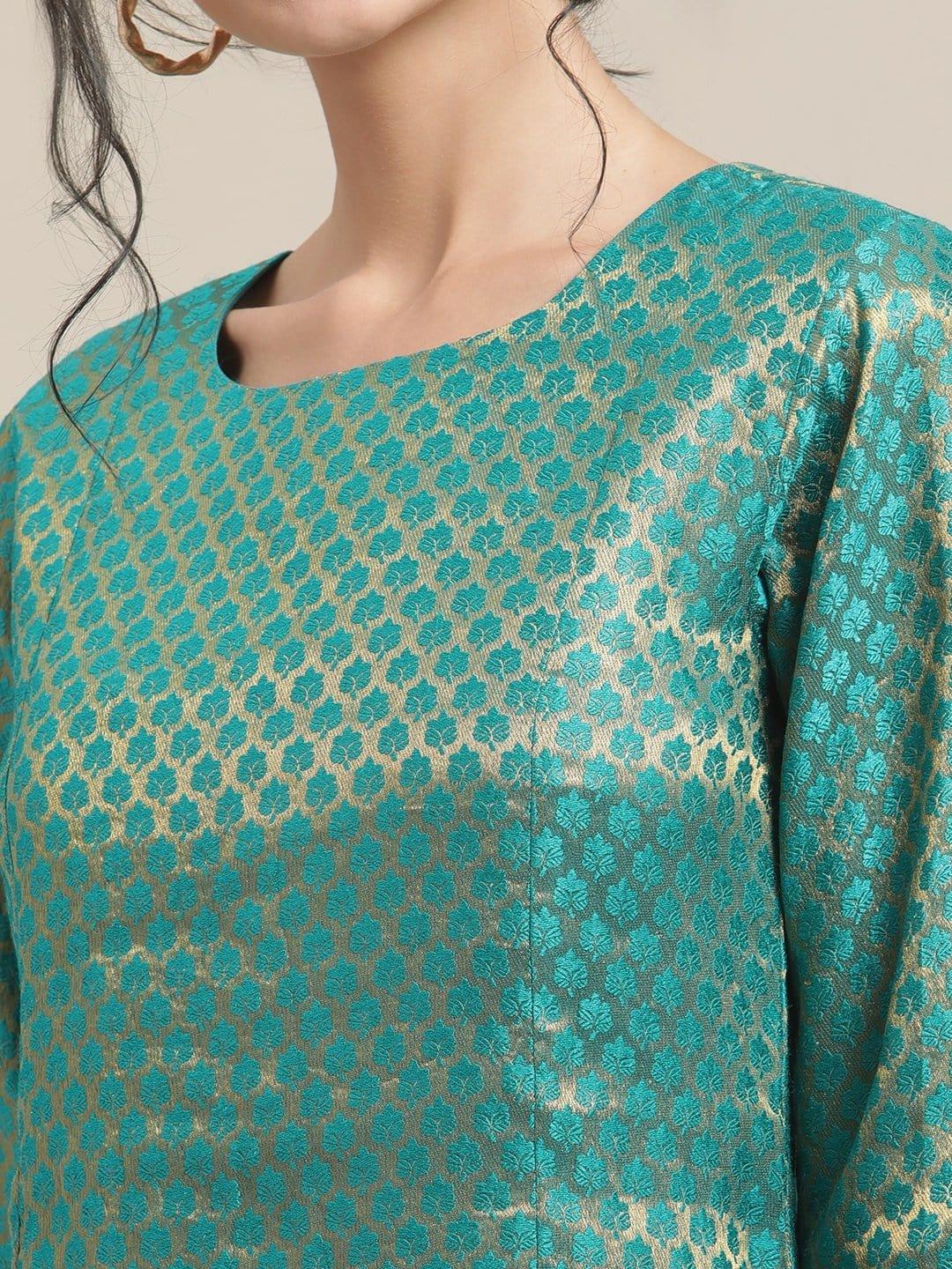 Teal Brocade Round Neck A-Line Kurta Paired With Brocade Trouser And Yellow Net Sequined Dupatta - Indiakreations