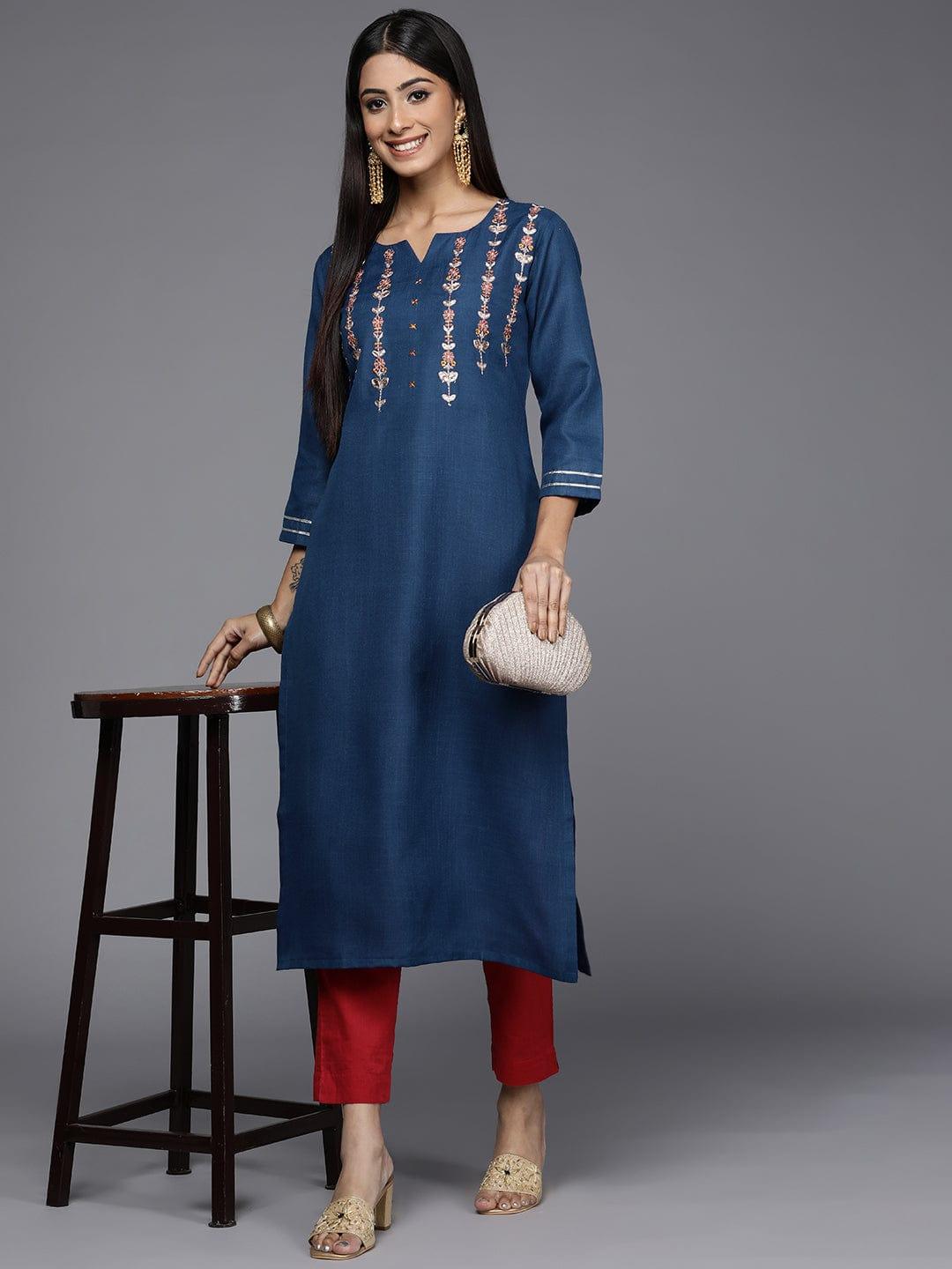 Varanga Women Blue Floral Embroidered Thread Work Indigo Kurta - Indiakreations