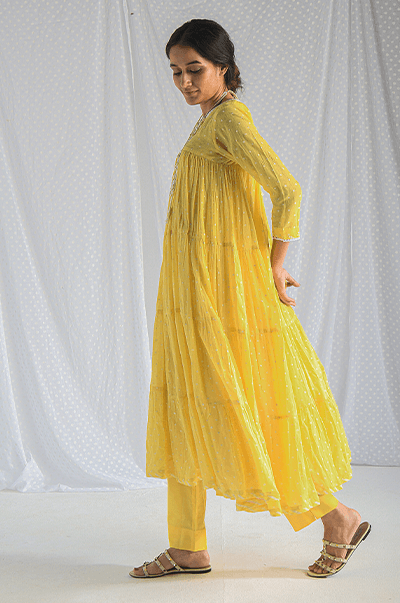 Chhaya Yellow Dot Printed Anarkali with Pant - Set 2 - Indiakreations