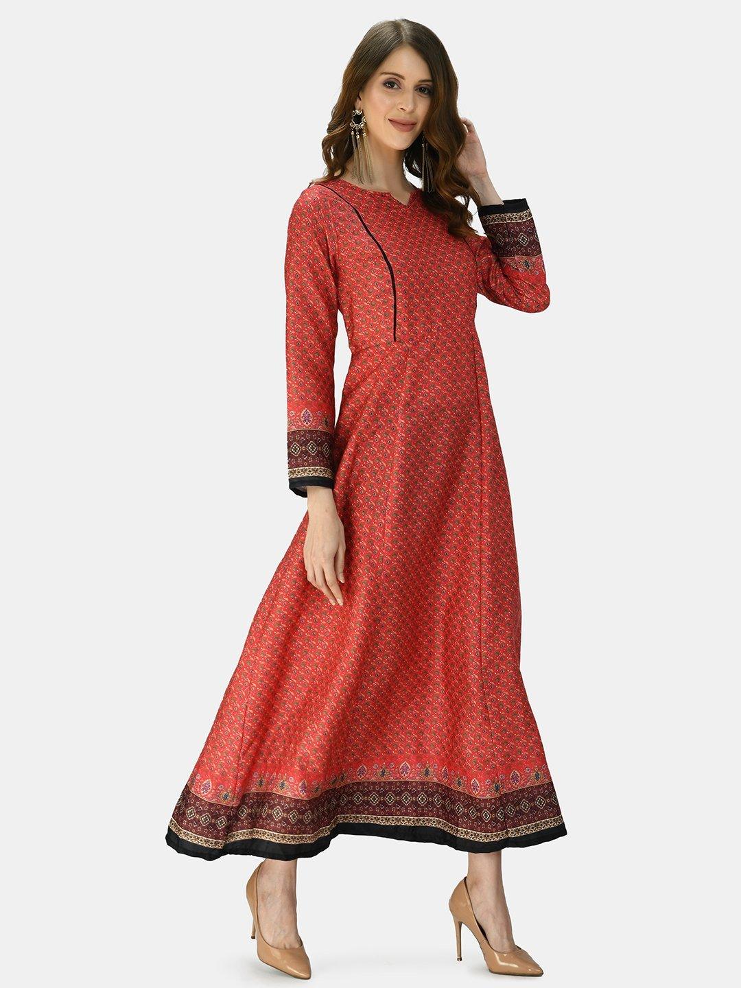 Women Red Printed Silk Dress by Myshka (1 Pc Set) - Indiakreations