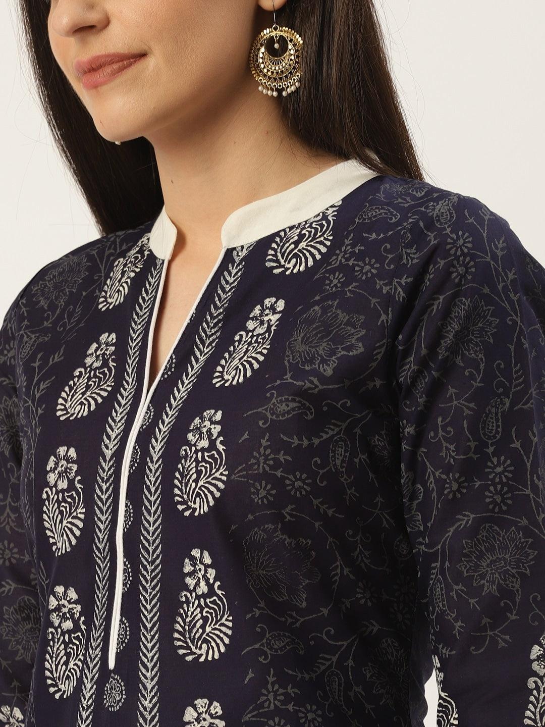 Women's Navy Blue & Off-White Printed Straight Kurta - NOZ2TOZ - Indiakreations