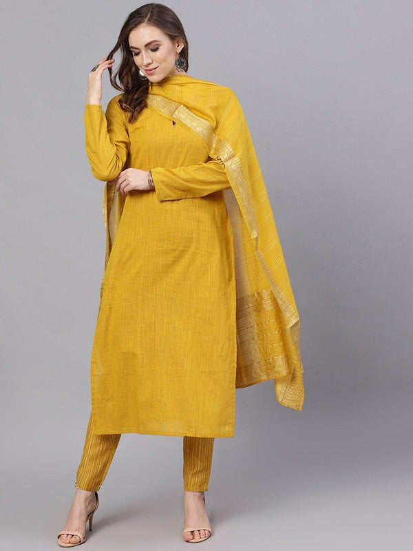Women Yellow Kurta with Trousers & Dupatta by AKS (3 Pc Set) - Indiakreations