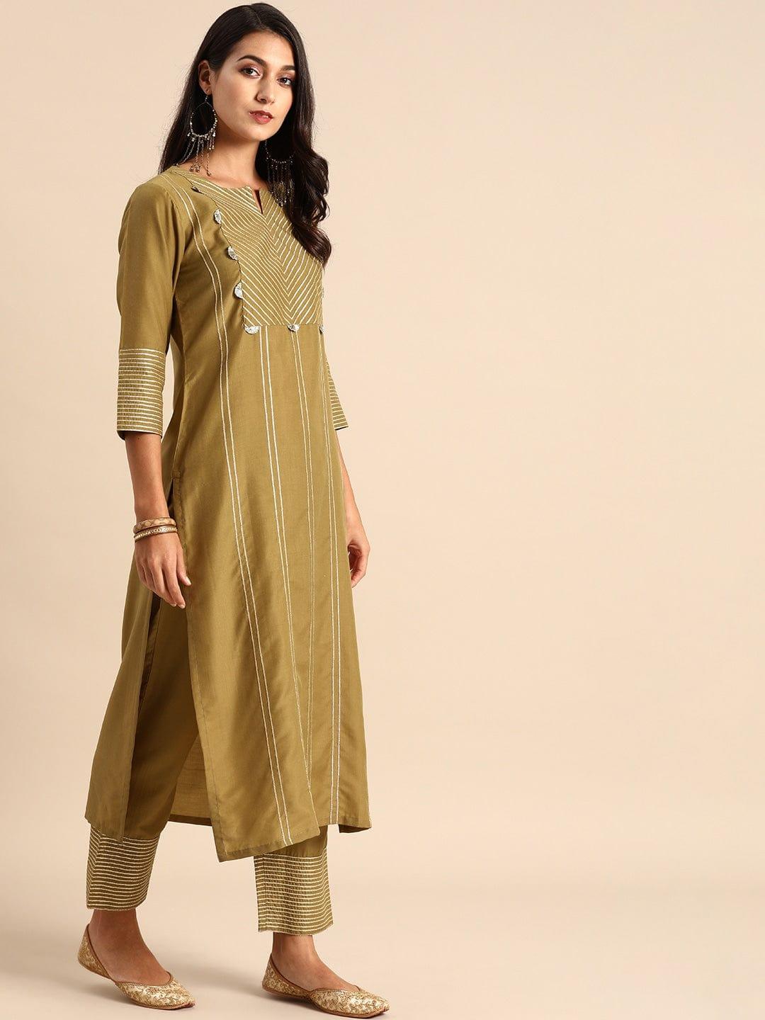 Olive Brown Striped Kurta with Trousers - Indiakreations