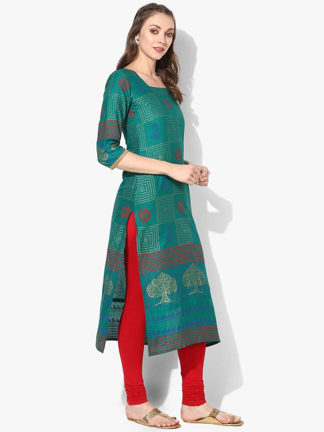 Women's Green & Gold-Toned Ethnic Motifs Printed Block Print Cotton Kurta - Wahe-Noor - Indiakreations