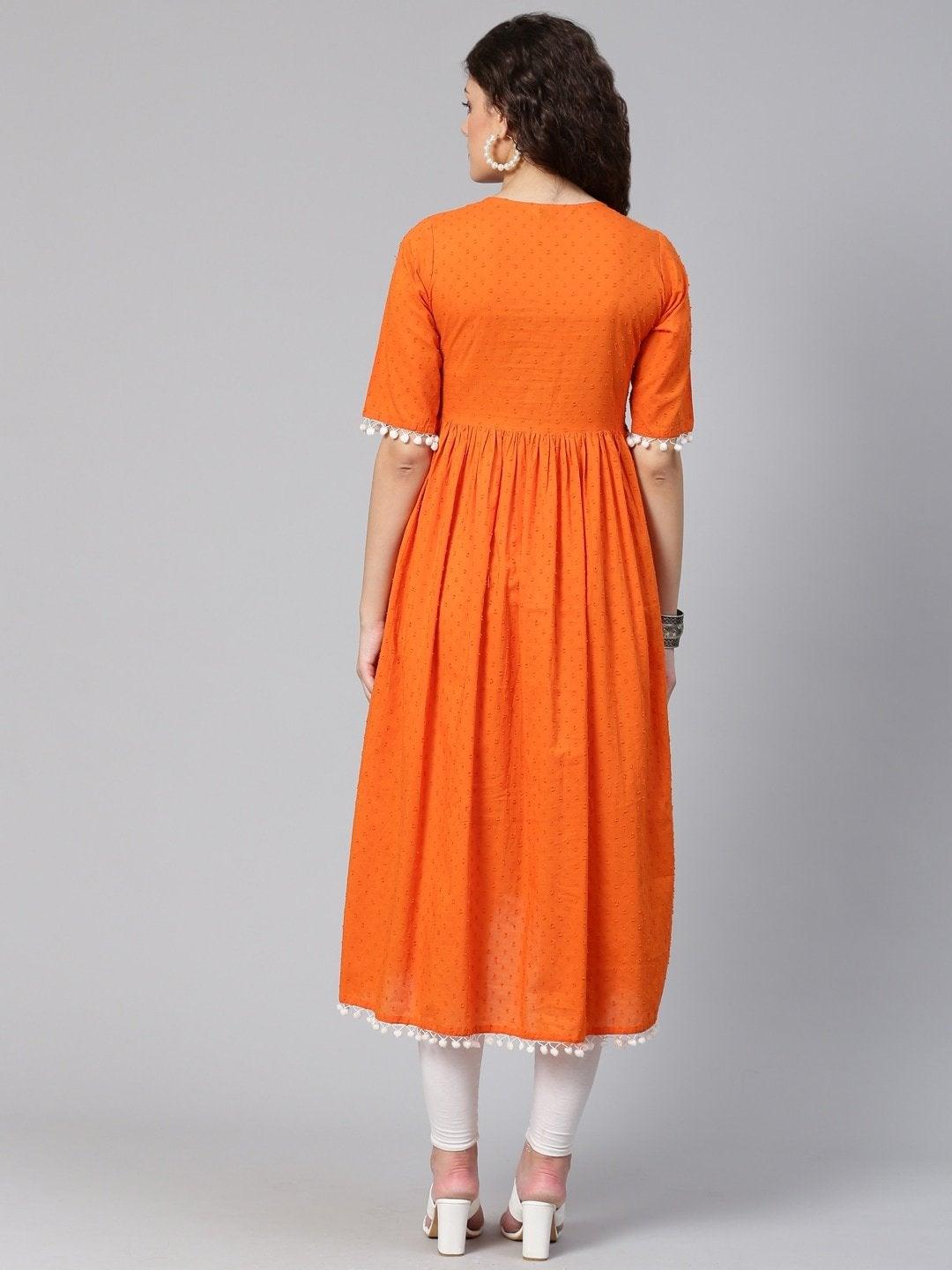 Women's Orange Pom-Pom Detail Woven Design High-Low A-Line Kurta - Meeranshi - Indiakreations