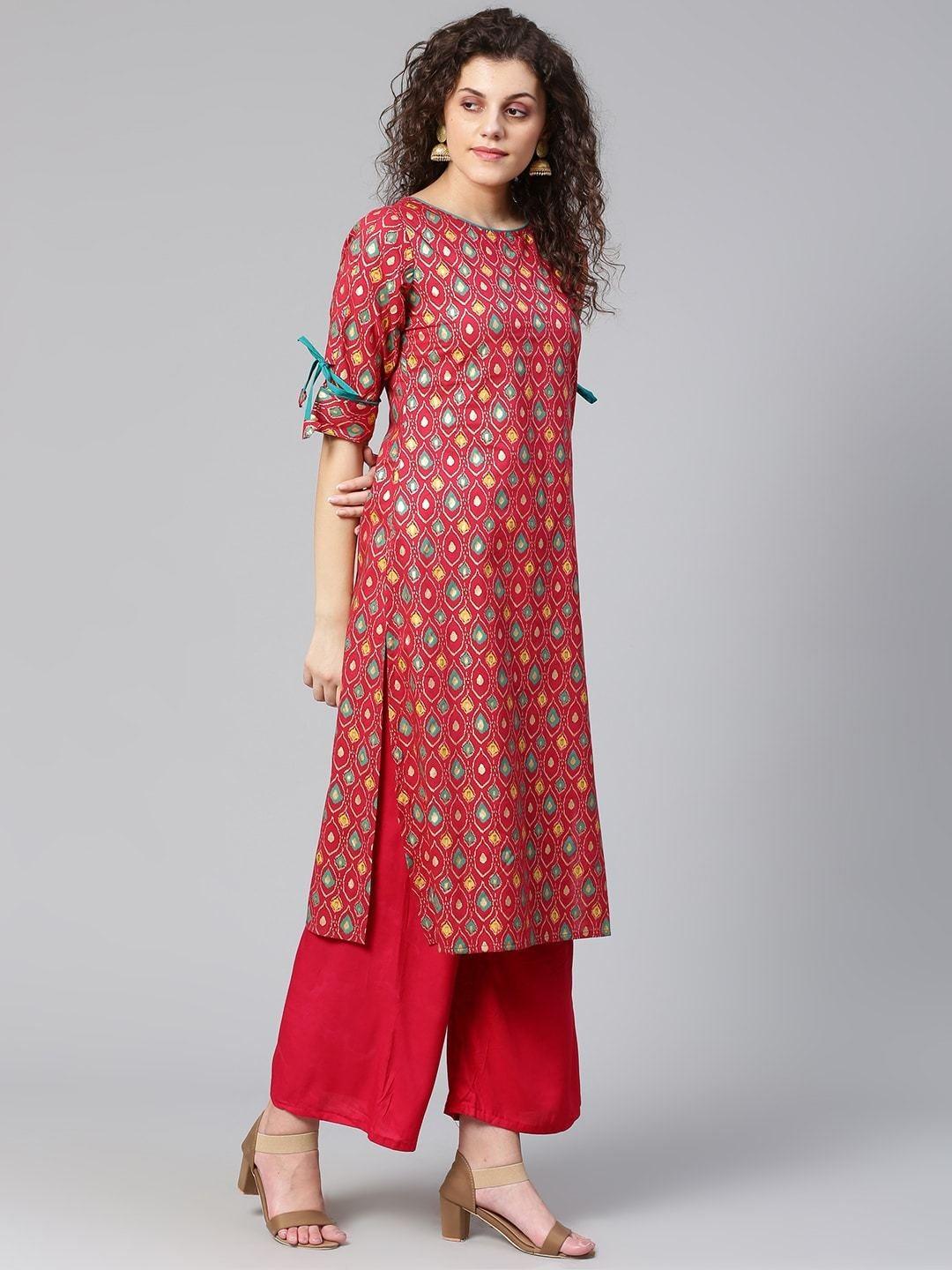 Women's Red & Green Printed Straight Kurta - Meeranshi - Indiakreations