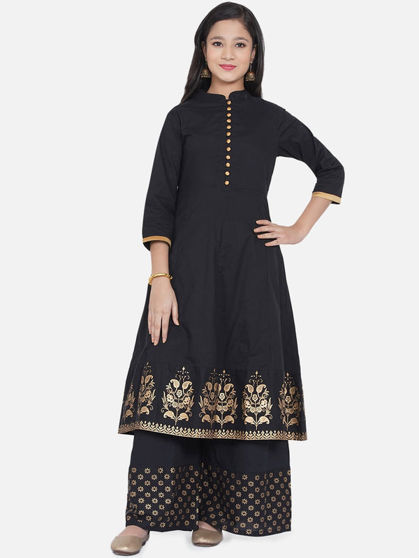 Girl's Black & Gold-Coloured Ethnic Printed Panelled Kurta with Palazzos - NOZ2TOZ KIDS