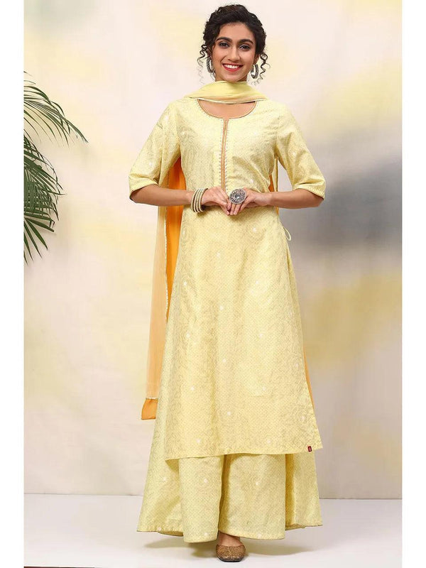 Women's Lime Yellow Art Silk Straight Suit (set Of 3) - BIBA - Indiakreations