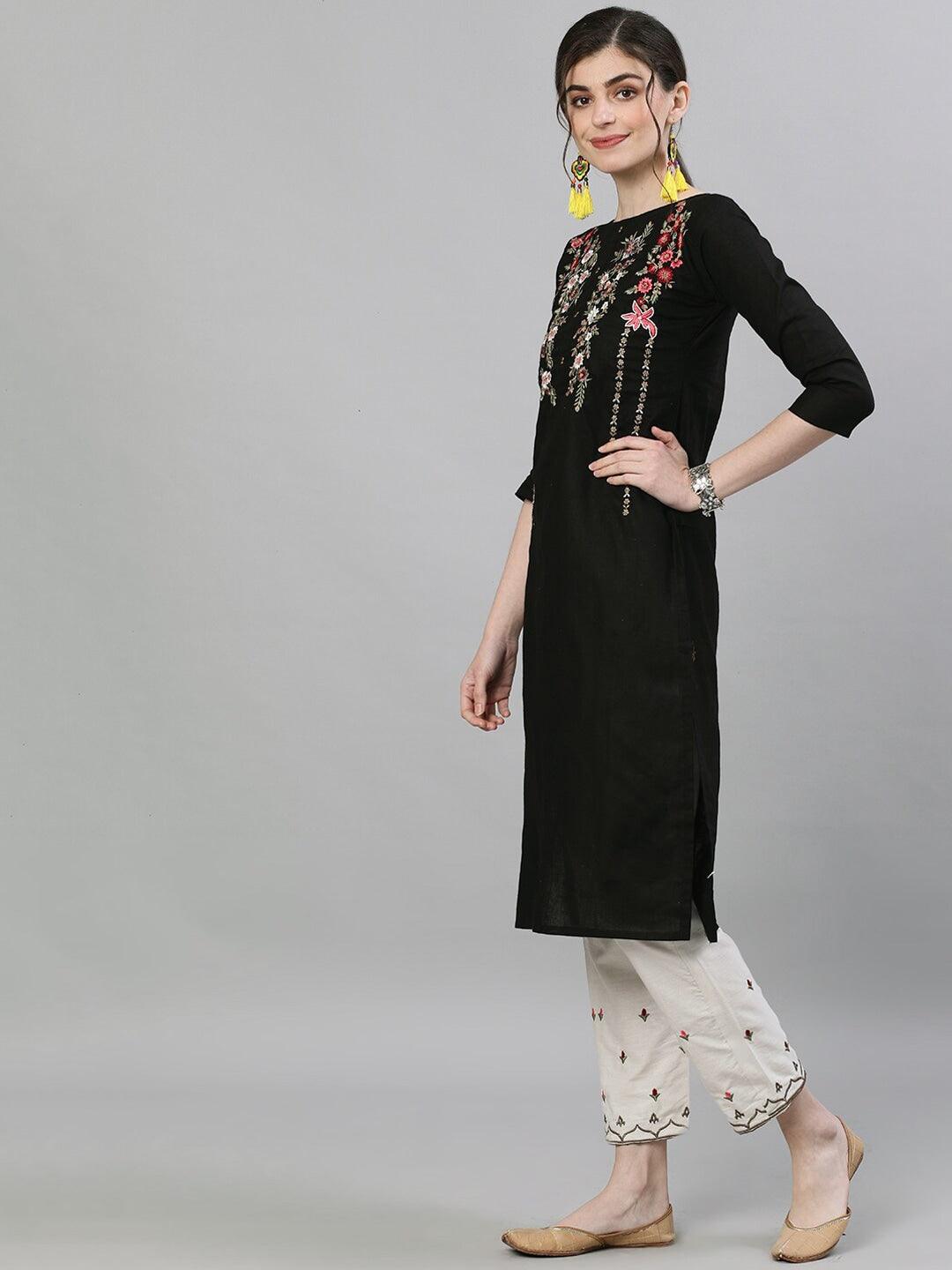 Women Black Cotton Kurta with Pant by Ishin (2pcs Set) - Indiakreations