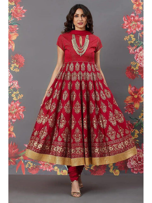 Women's Rohit Bal Red Printed Cotton Silk Anarkali Suit Set (Set of 3) - BIBA - Indiakreations