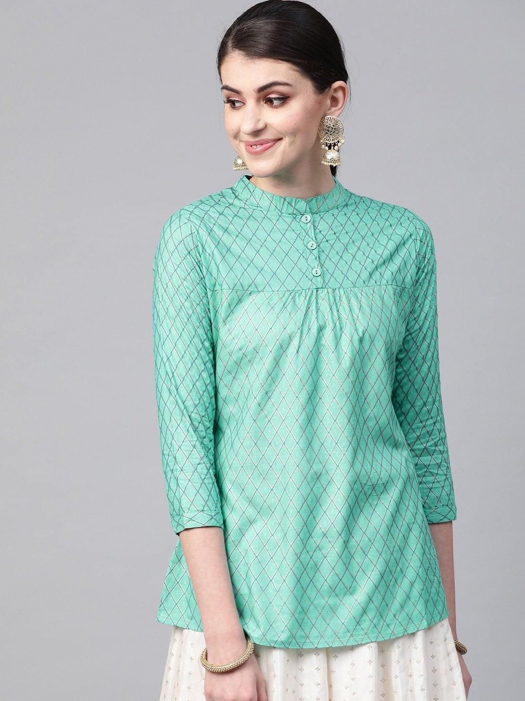 Women's Green & Golden Checked Kurti - Meeranshi - Indiakreations