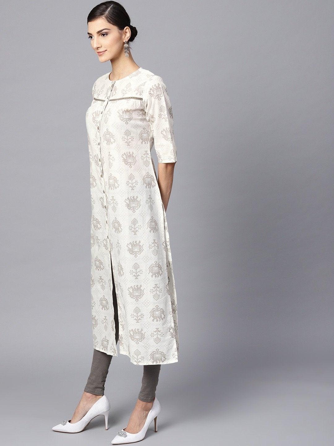 Women's Off-White & Grey Printed Straight Kurta - Meeranshi - Indiakreations