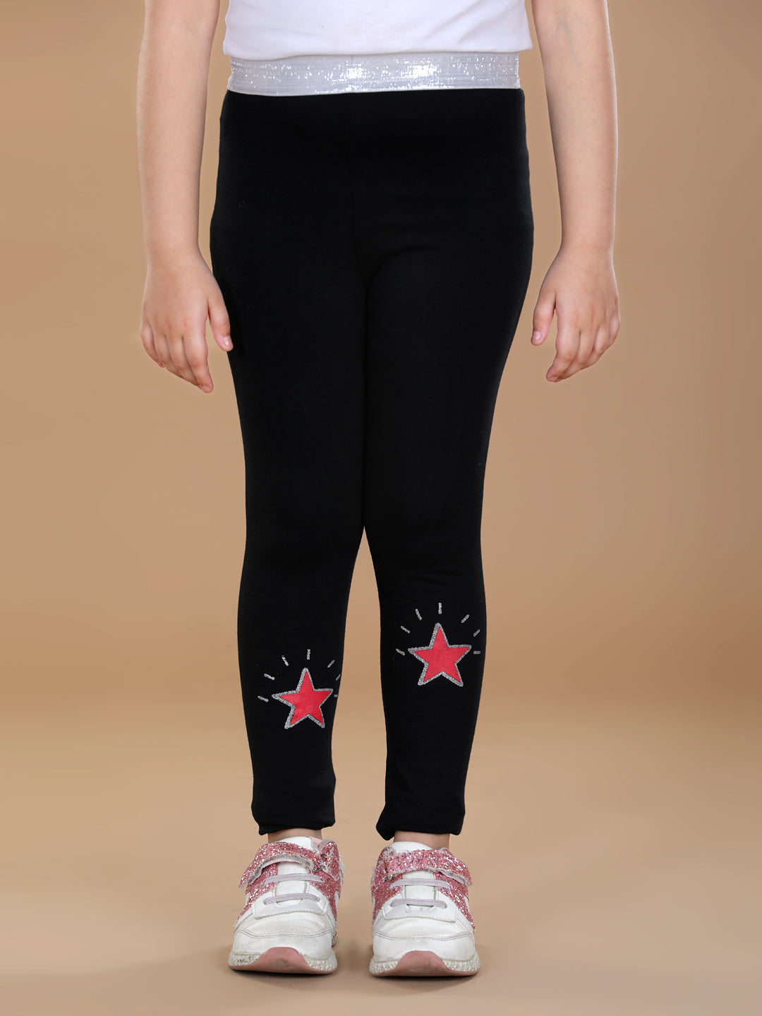 Girl's Silver Elasticated Waistband & Star Printed Black Leggings - Stylestone Kid