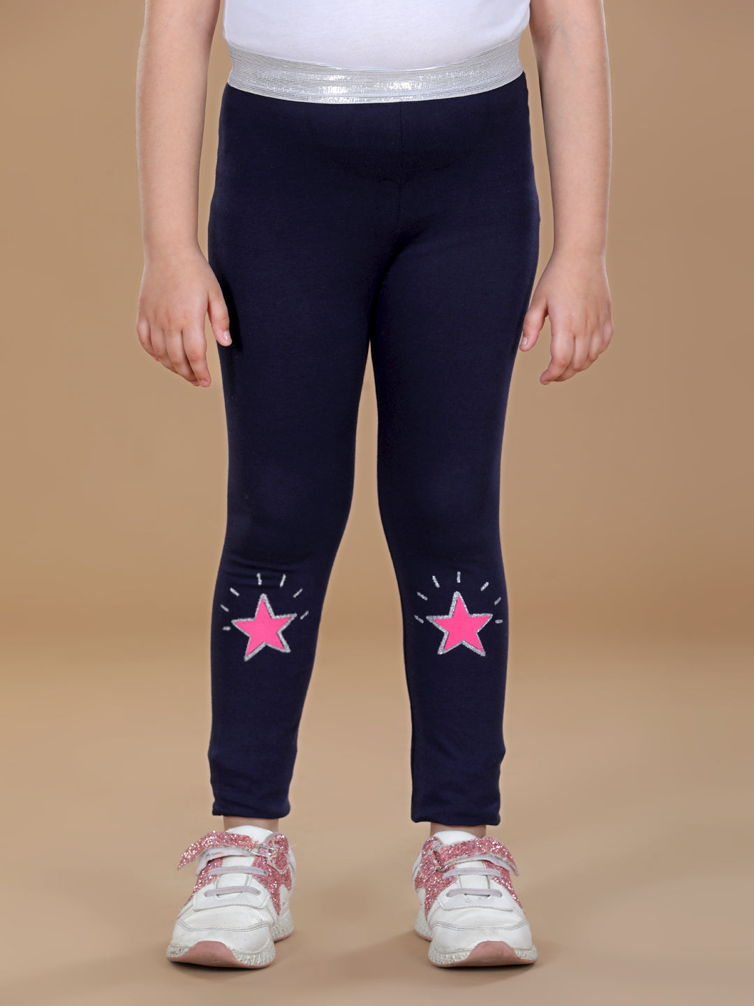 Girl's Silver Elasticated Waistband & Star Printed Navy Leggings - Stylestone Kid