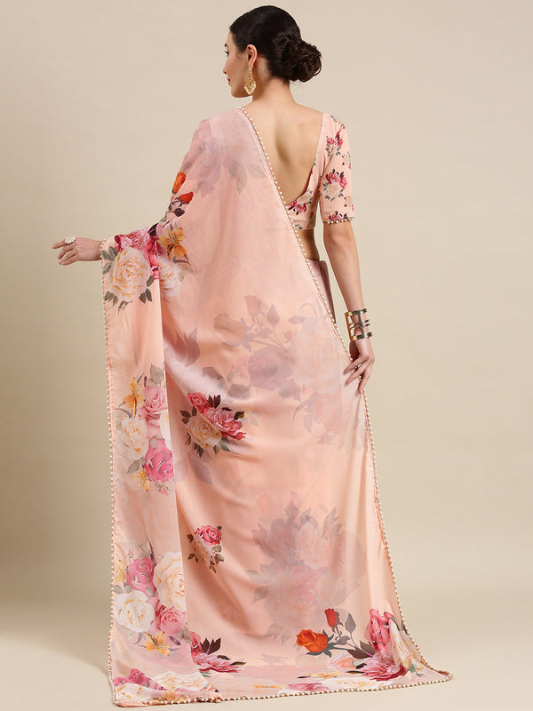 Women's Peach Color Floral Printed Saree - AVANSHEE