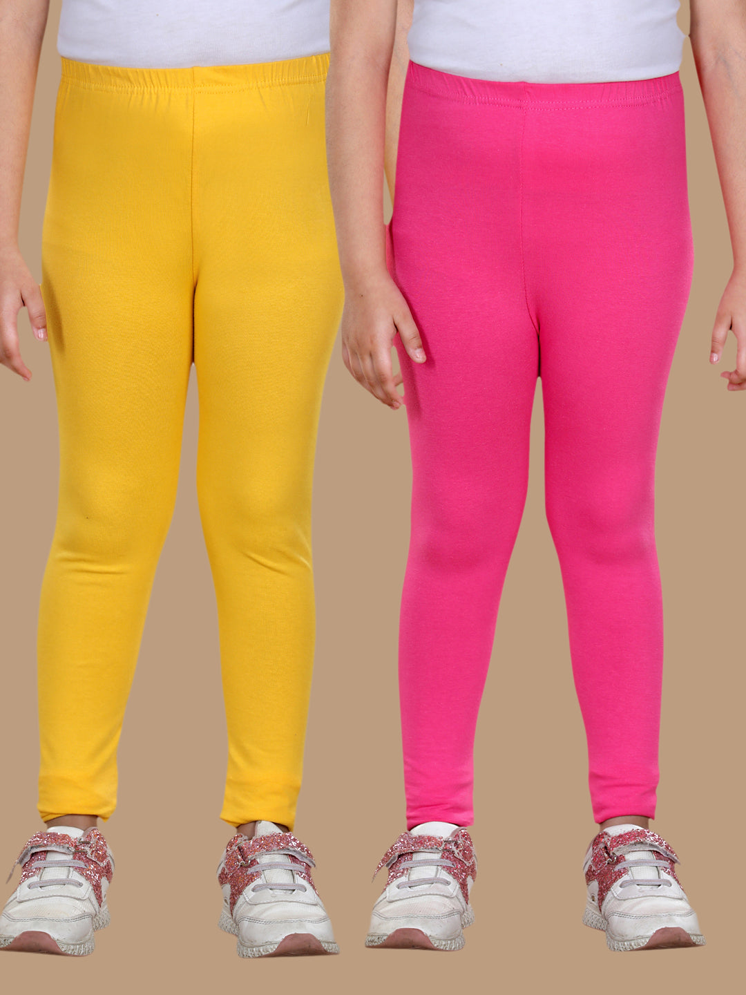 Girl's Pack Of 2 Solid Leggings- Yellow & Pink - Stylestone Kid