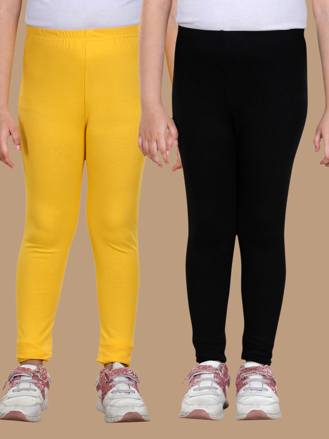 Girl's Pack Of 2 Solid Leggings- Yellow & Black - Stylestone Kid