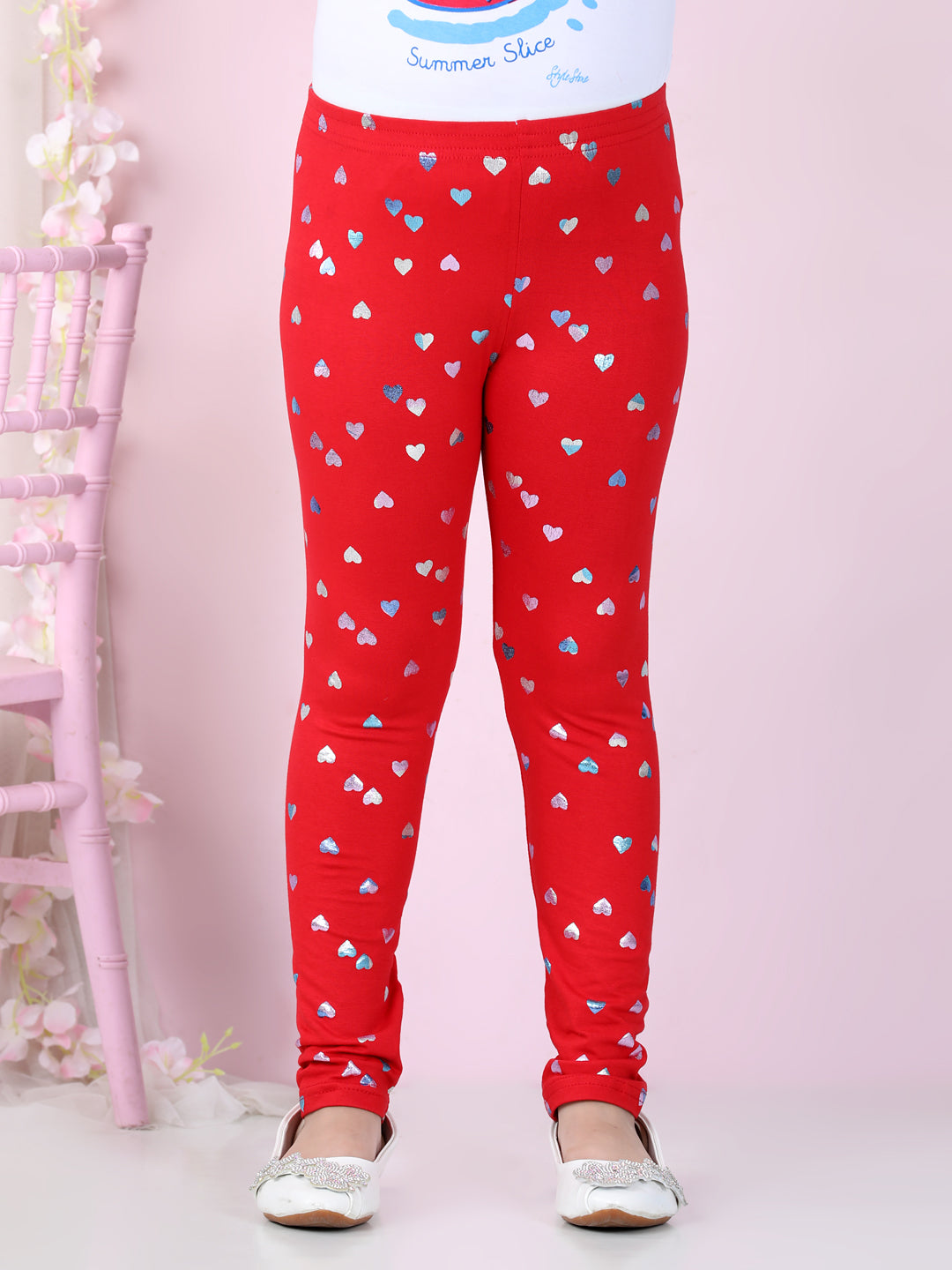 Girl's Heart Foil Print Leggings-Red - Stylestone Kid