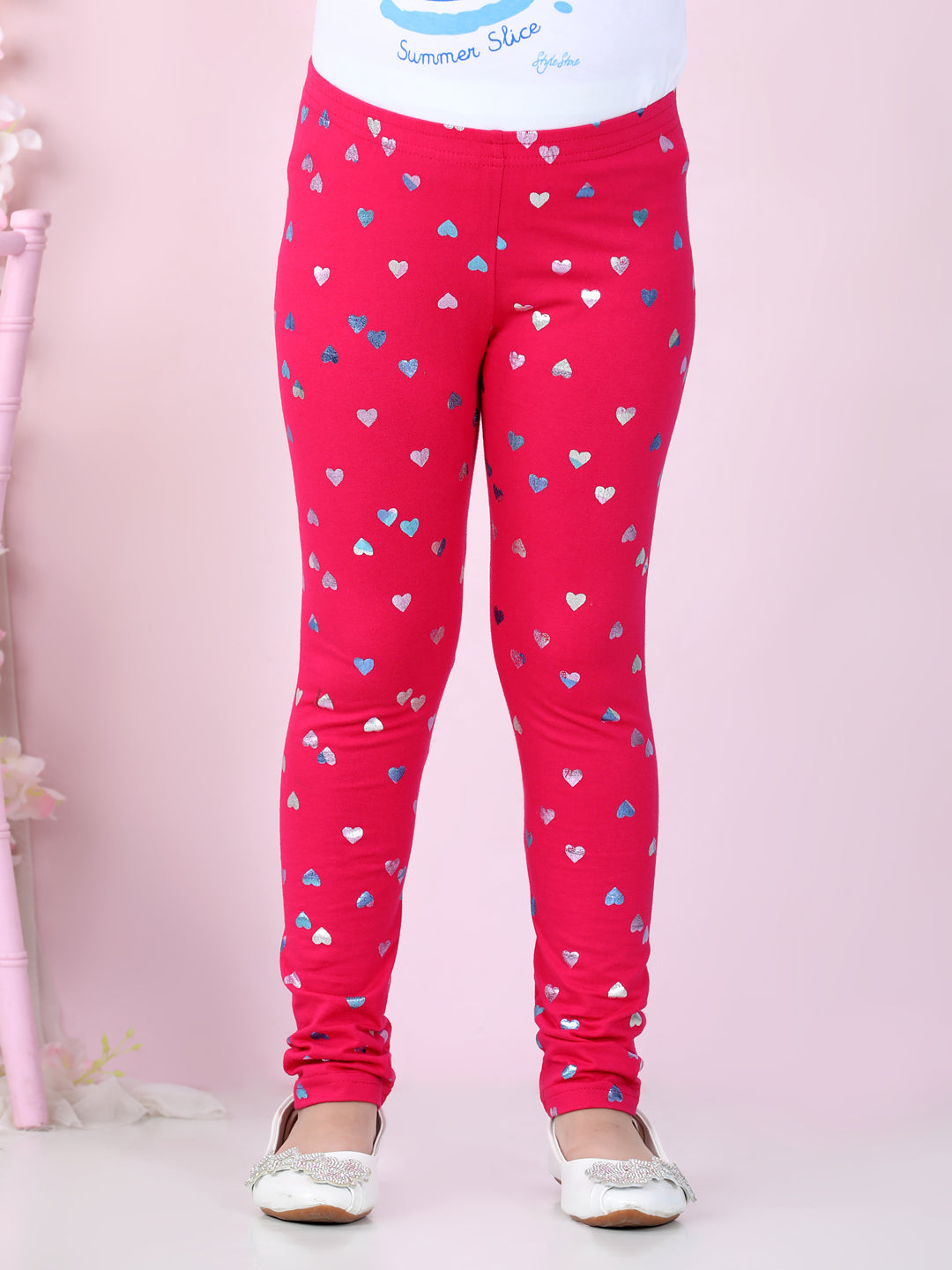 Girl's Heart Foil Print Leggings- Fuchsia - Stylestone Kid