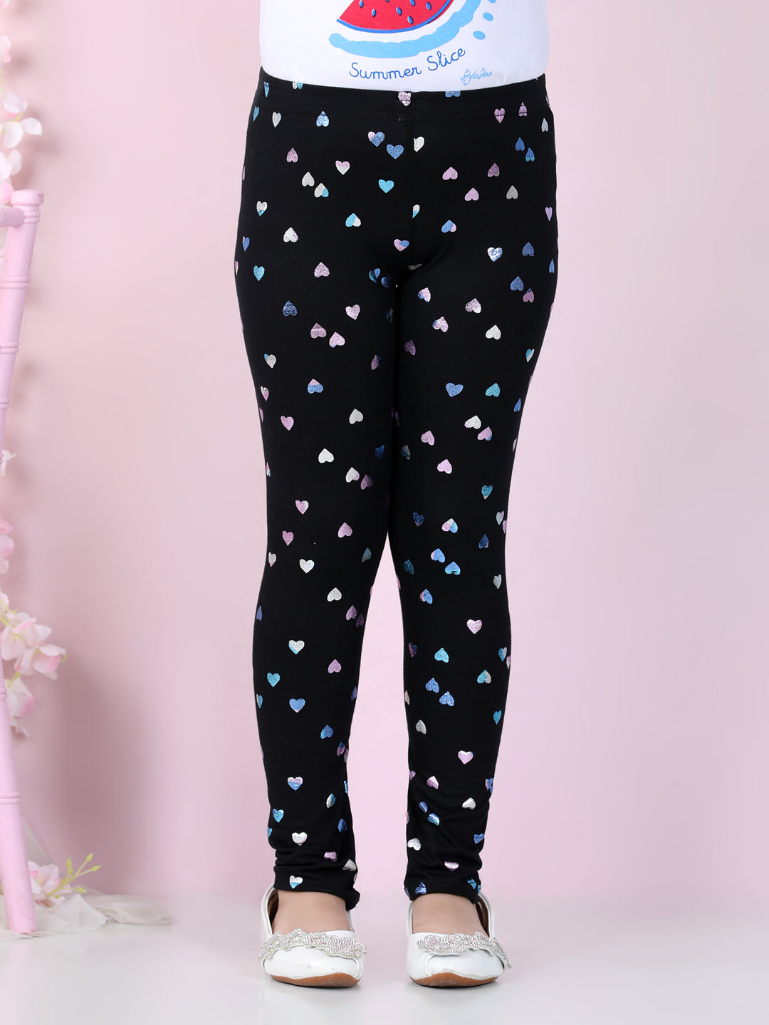 Girl's Heart Foil Print Leggings- Black - Stylestone Kid