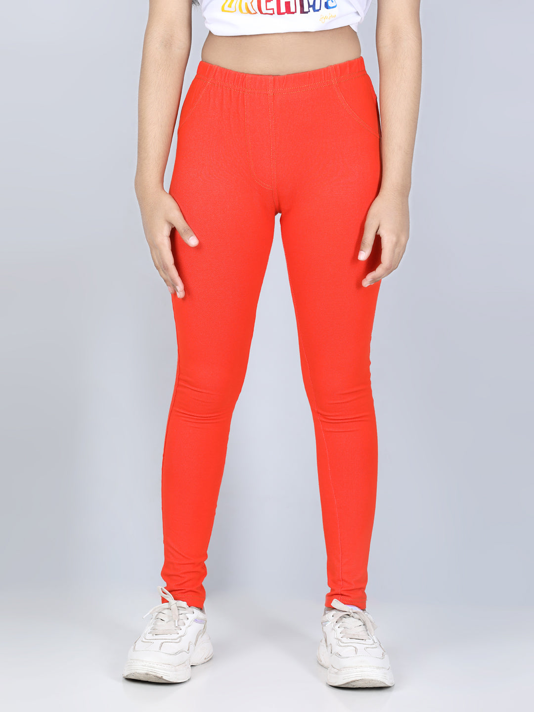 Girl's Cotton Jeggings-Orange - Stylestone Kid