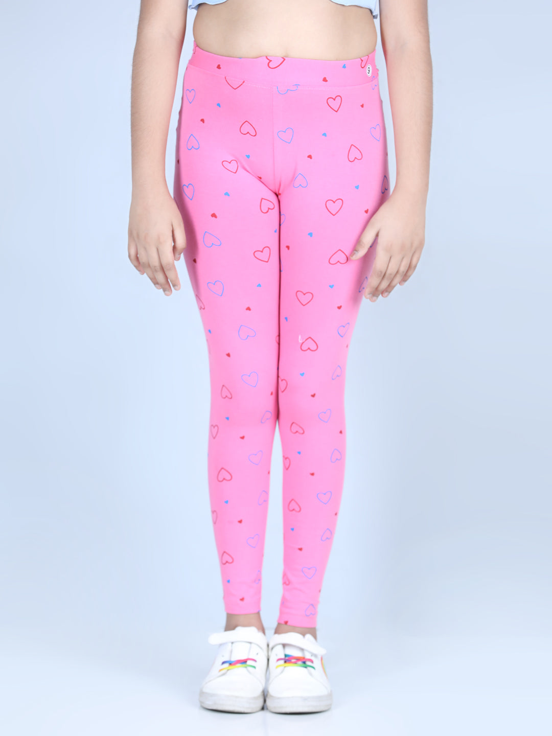 Girl's Heart Printed Leggings With Flat Waistband- Pink - Stylestone Kid