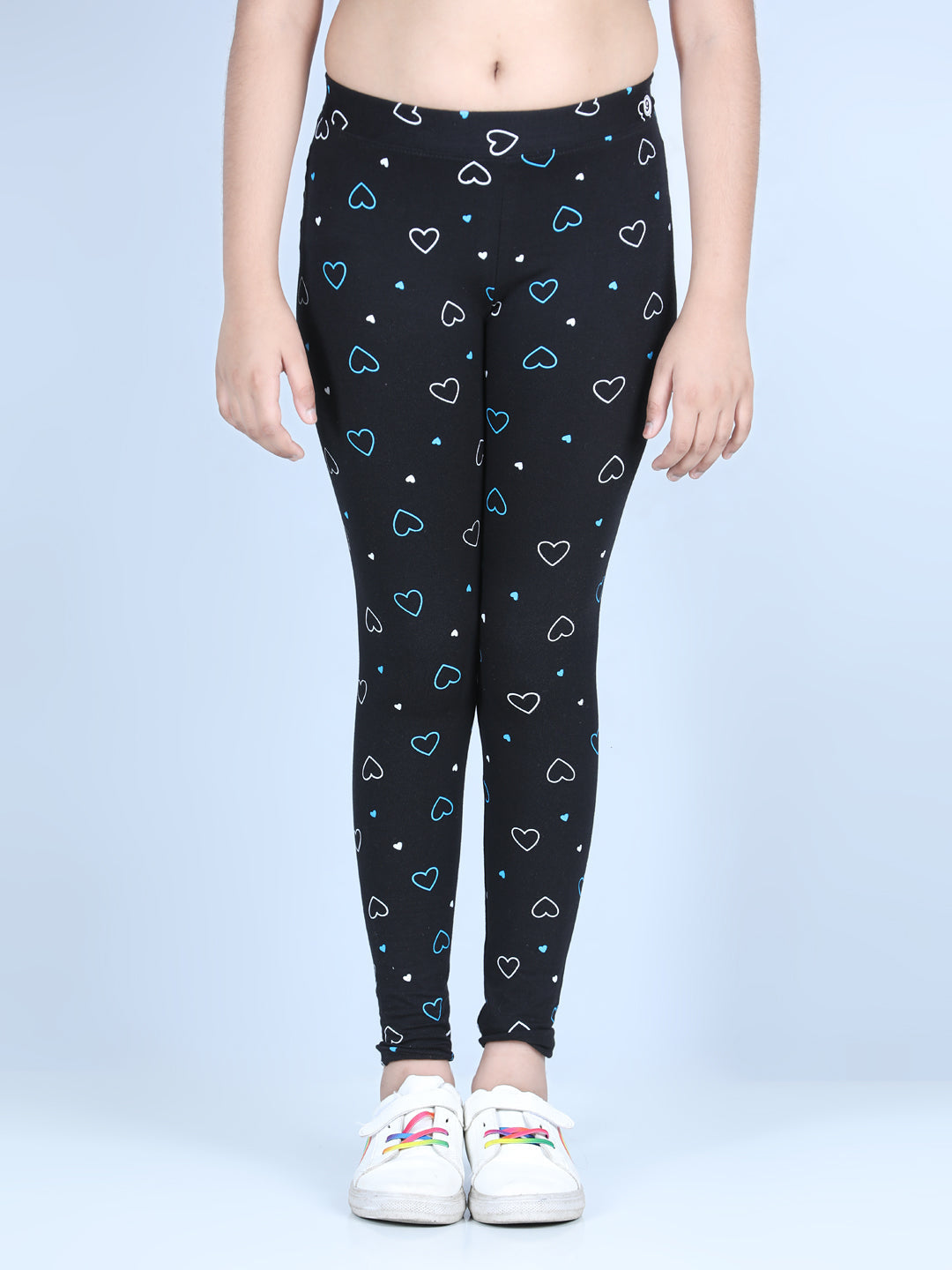 Girl's Heart Printed Leggings With Flat Waistband- Black - Stylestone Kid