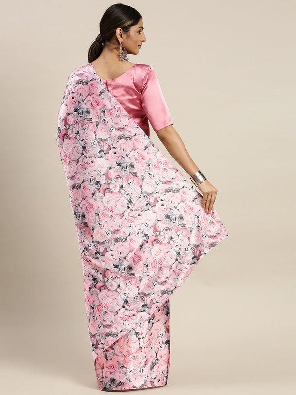 Women's Pink Color Floral Printed Saree - AVANSHEE