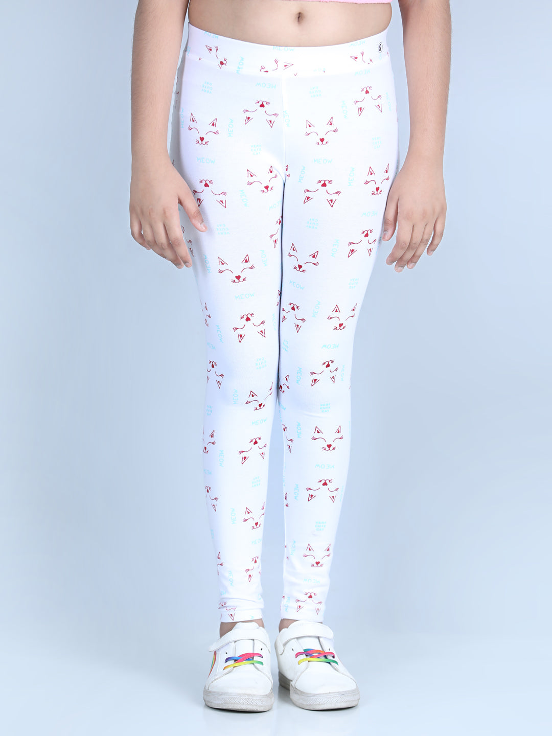 Girl's Meow Printed Leggings With Flat Waistband- White - Stylestone Kid