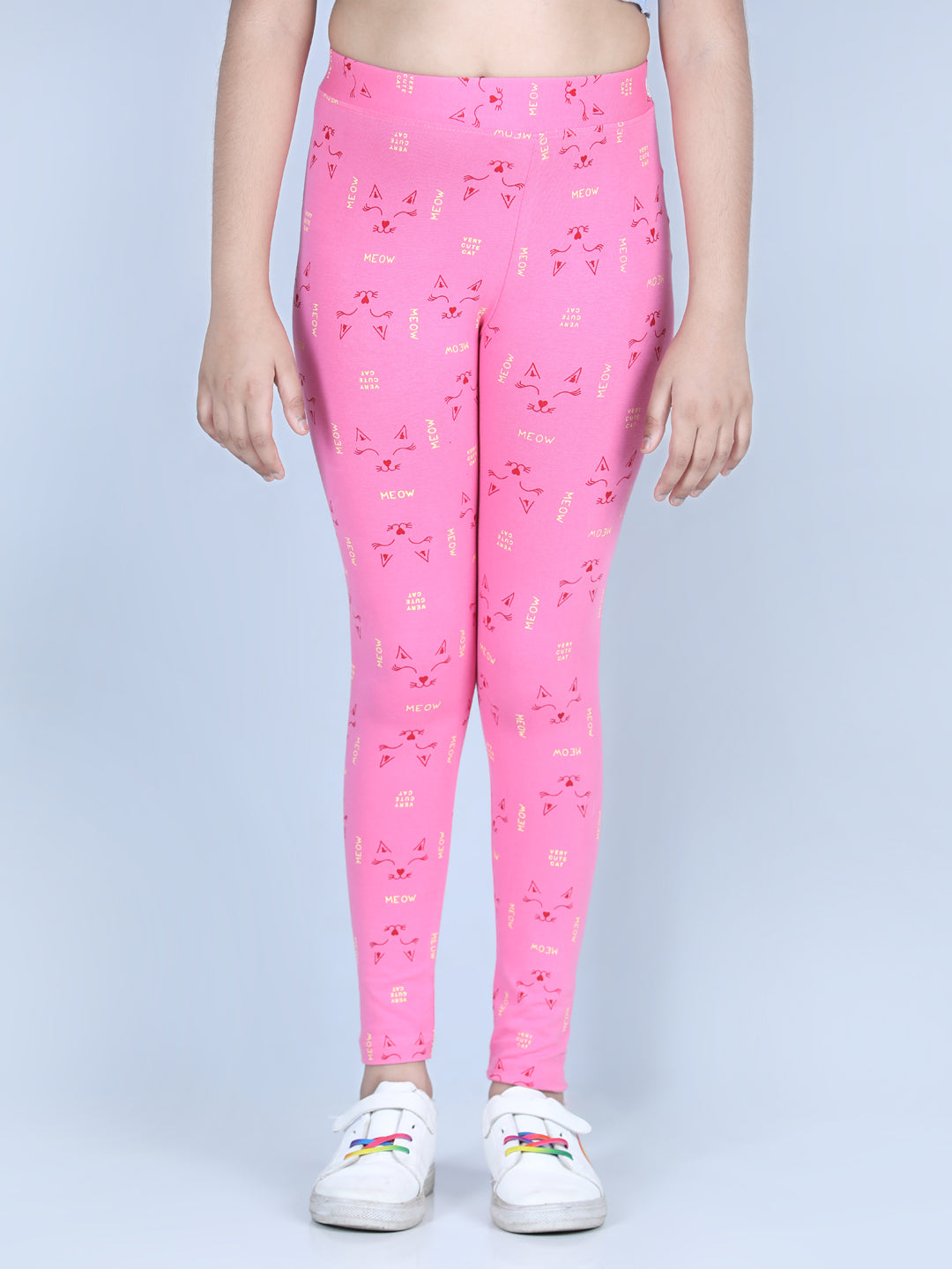 Girl's Meow Printed Leggings With Flat Waistband- Pink - Stylestone Kid