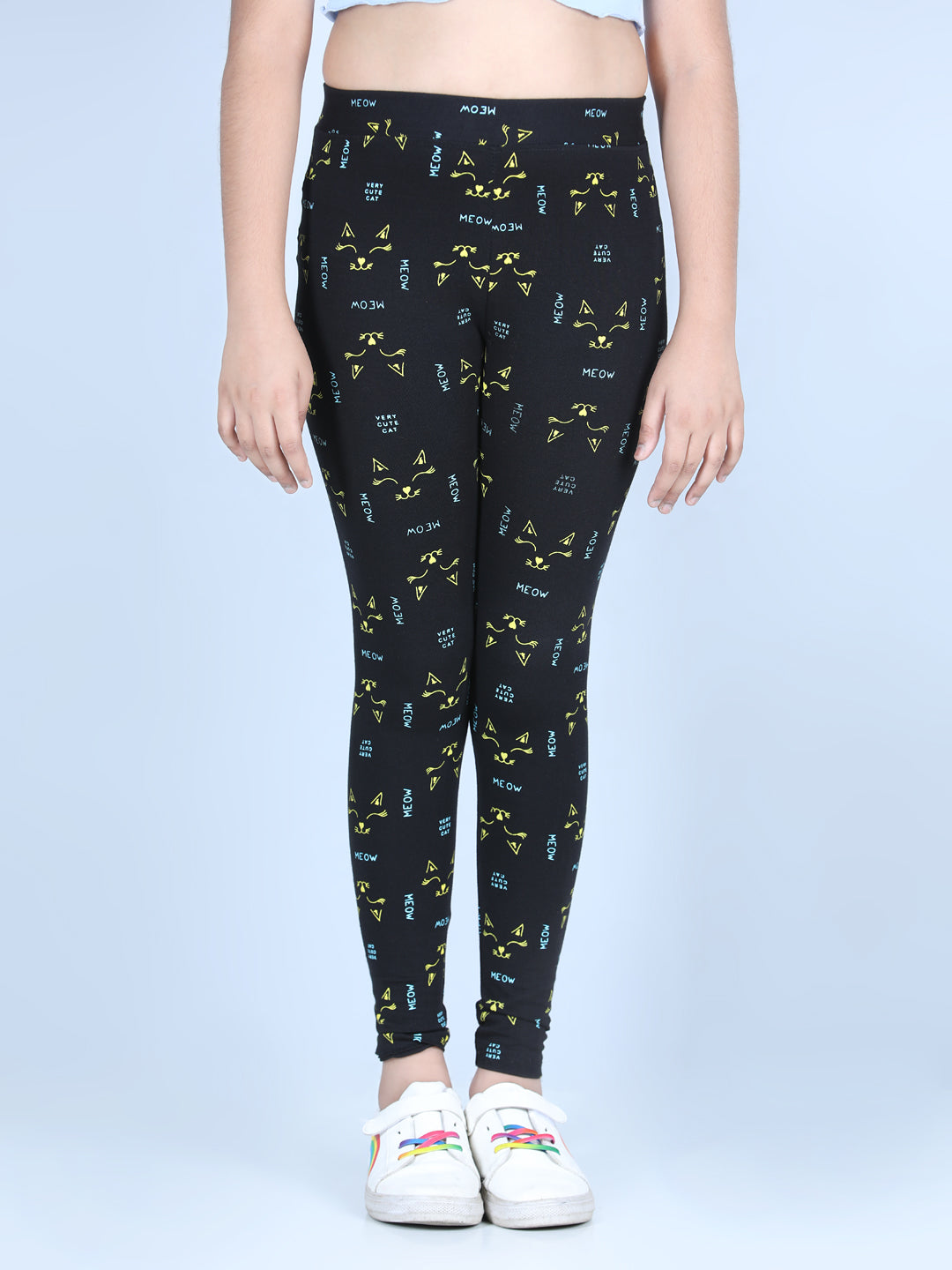 Girl's Meow Printed Leggings With Flat Waistband- Black - Stylestone Kid