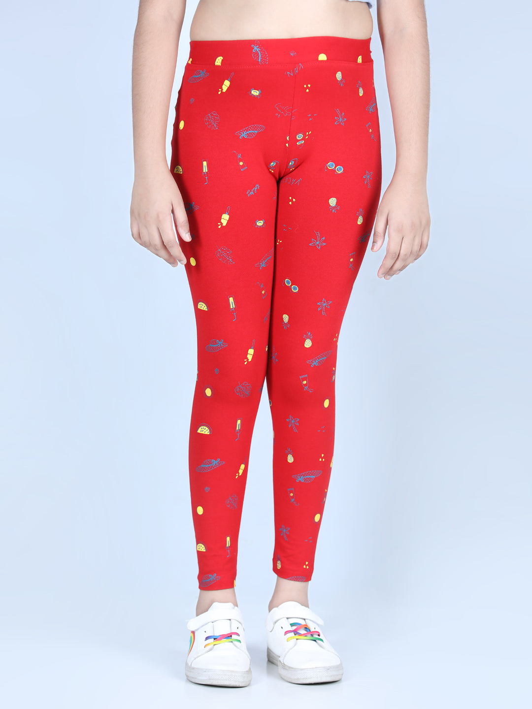 Girl's Holiday Inspired Printed Leggings With Flat Waistband- Red - Stylestone Kid