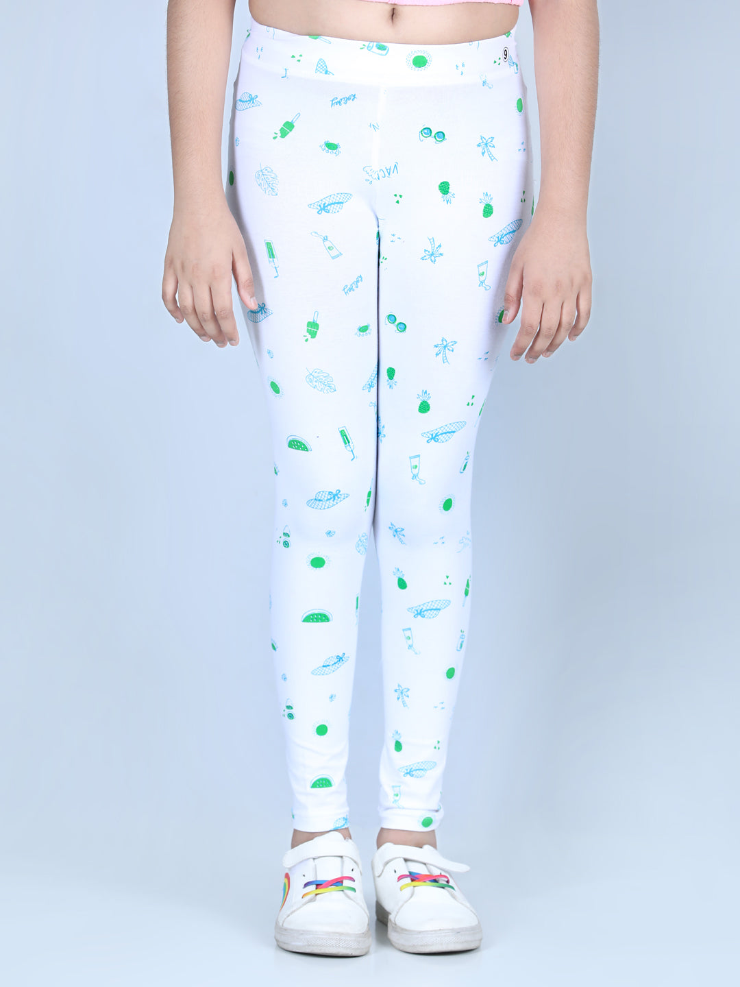 Girl's Holiday Inspired Printed Leggings With Flat Waistband- White - Stylestone Kid