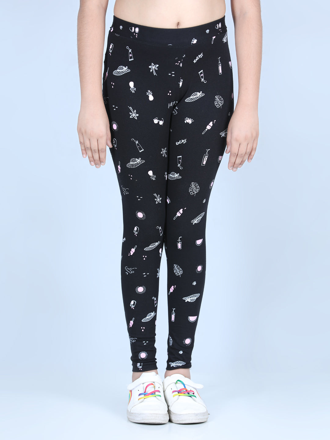 Girl's Holiday Inspired Printed Leggings With Flat Waistband- Black - Stylestone Kid