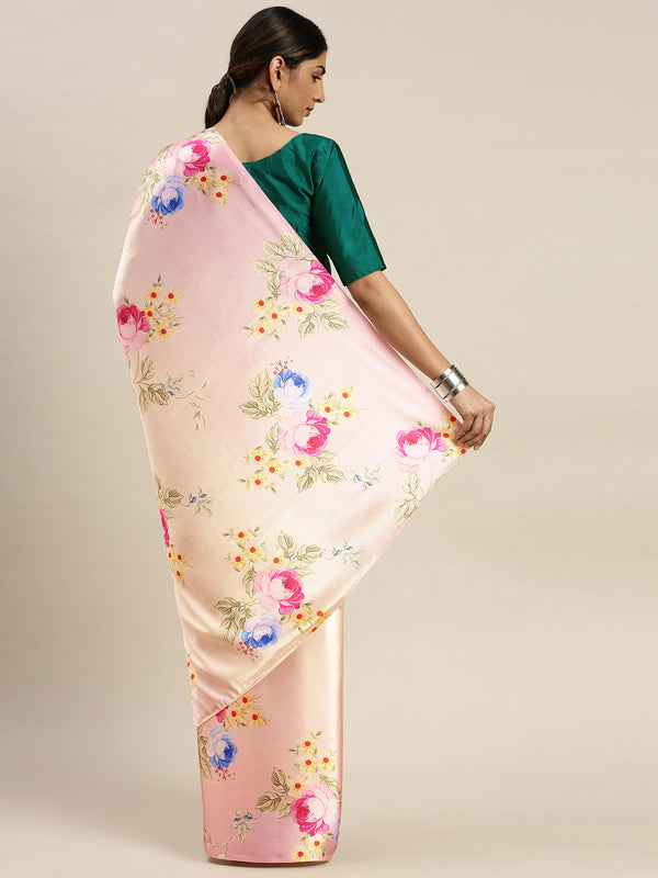 Women's Peach Color Floral Printed Saree - AVANSHEE